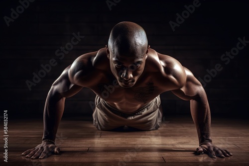 Brown skinned body build man doing push ups over dark background. Generative AI illustration