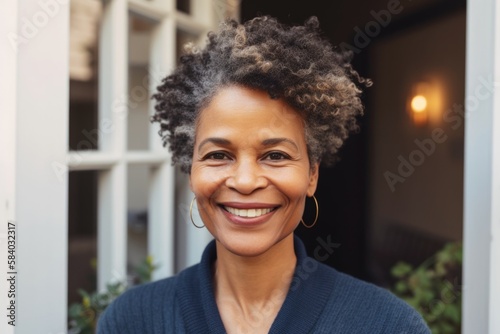 Portrait of happy Black woman smiling standing in front doorway of her home.  Generative AI. 