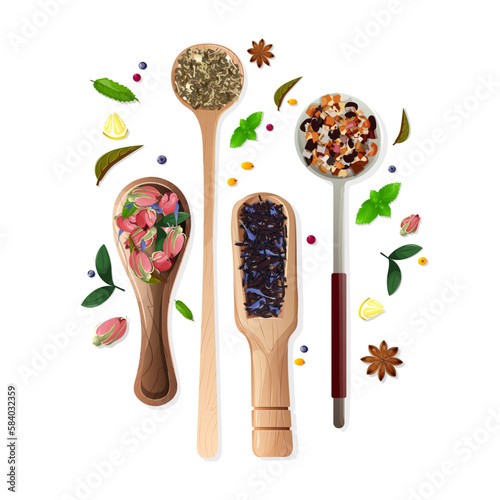 Various spoons and scoop with loose tea, different tea ingredients. Green tea with jesmine, black tea with cornflowers, rose buds, dried fruits, pieces photo