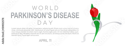 World Parkinson's disease day background. Horizontal poster template with red tulip and gray ribbon, awareness symbols. Copy space for text. Vector illustration