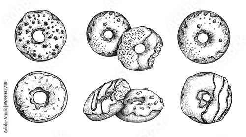 Hand drawn sketch style tasty donuts set. Sweet desserts collection. Best for posters, menu designs and packaging. Vector illustrations.