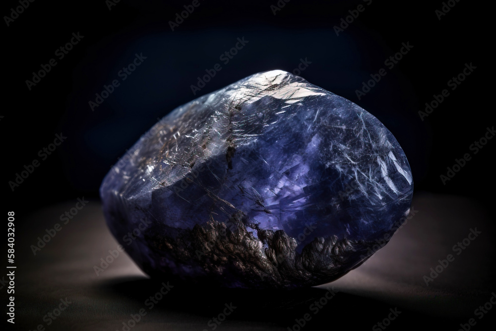 Benitoite is a rare precious natural stone on a black background. AI generated. Header banner mockup with space.