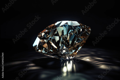 Diamond is a rare precious natural geological stone on a black background in low key. AI generated.