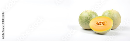 Fresh melon cut on a white background, macro. AI generated. Header banner mockup with space.