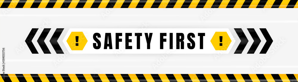 Safety first badge placed on gray background with black and yellow line striped. Attention label with Exclamation mark on hexagon. Vector illustration - obrazy, fototapety, plakaty 