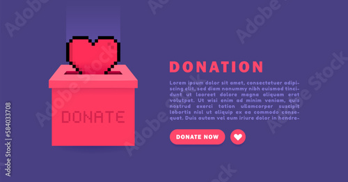 Donation and charity web banner design concept. 8 bit pixel heart in donation box. Giving charity financial support and love. Volunteering and donating. Vector illustration