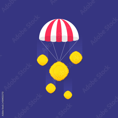 Crypto airdrop with parachute and coin. Concept of giveaway and promotion crypto coins and NFT. Vector illustration