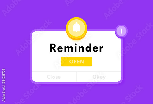 Reminder notification about events, business planning, timetable or date reminder. Reminder pop up box with a bell. Modern flat style vector illustration