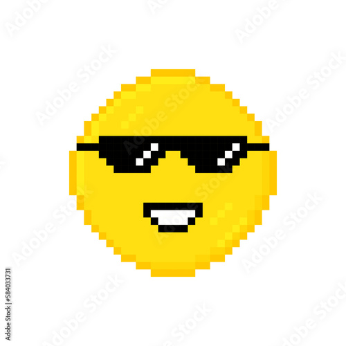 Cute smile in black pixel glasses. Cartoon character in 8-bit pixel art style. Like a boss meme character. Mafia gangster funky logo. Vector illustration