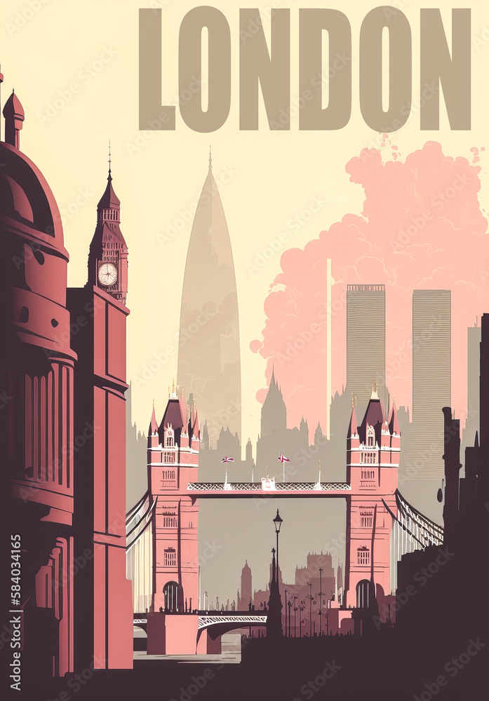 A retro London poster featuring its famous monuments and sculptures against a distinctive architectural background to create a unique London atmosphere. Generative AI