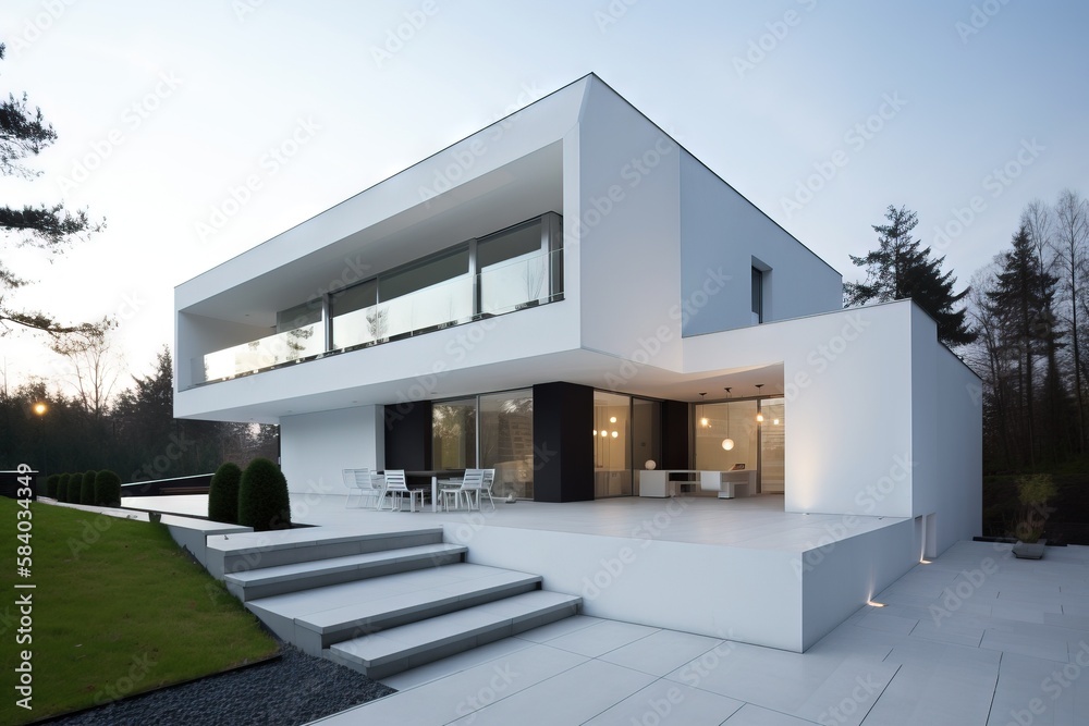 a modern house with a large patio and stairs leading up to the upper ...