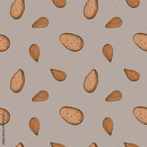 Seamless repeating pattern with almond nuts on a gray background. A bunch of nuts, dried almonds. Walnut collection, agriculture, organic farming, healthy food symbol. Drawn by hand.
