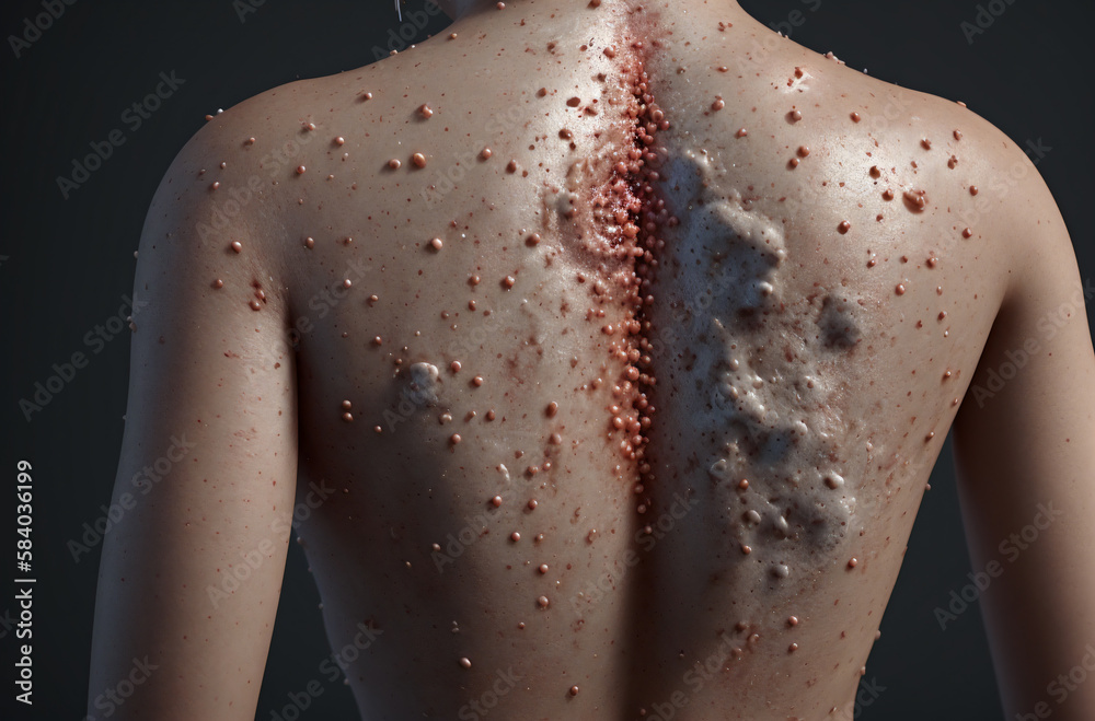 Infections of the skin of the body, Painful rash, red spots blisters. The woman's back is covered with blisters from the epidemic and the virus. Generative AI. - obrazy, fototapety, plakaty 