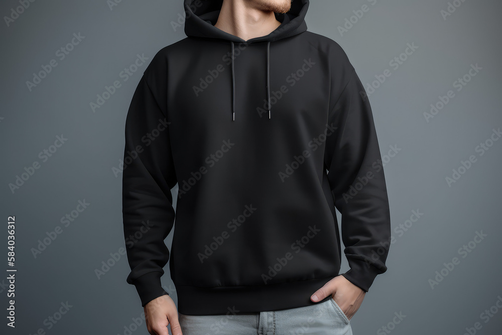 male model in a black hoodie, sweater mock up, created with generative ai  technology Stock Illustration | Adobe Stock