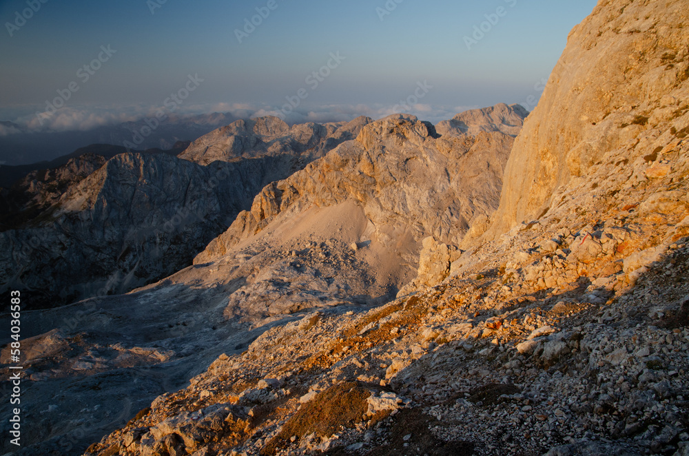 Morning mountain scenery after sunrise in the Julian Alps.