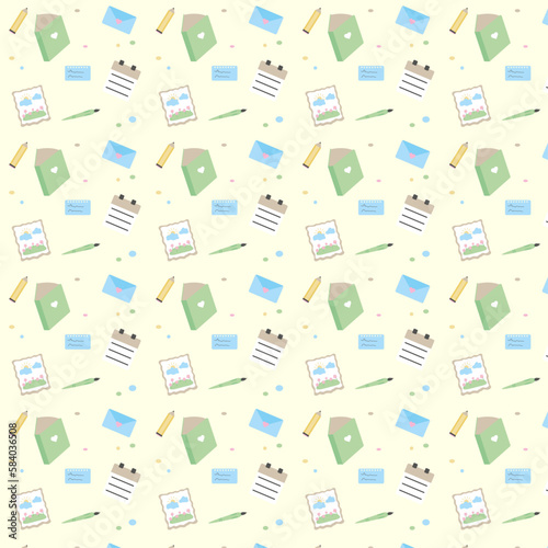 School pattern which consists of books, pens, pencils, notepads, paper drawings. Vector illustrations