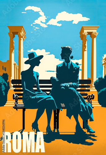 A couple on a bench in the foreground, with the monuments of Rome in the background. Blue sky and low saturated colors for a minimal flat design. Generative AI