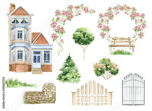 Country cottage, brick house, English garden, wooden fence, cottage facade. Watercolor set of elements for creating illustrations, postcards, stickers, scrapbooking