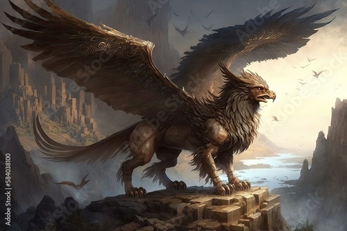 ancient griffin, soaring over distant landscape, with its wings spread wide, created with generative ai photo