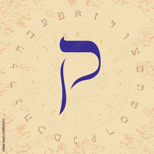 Vector illustration of the Hebrew alphabet in circular design. Large blue Hebrew letter called Qoph.	
