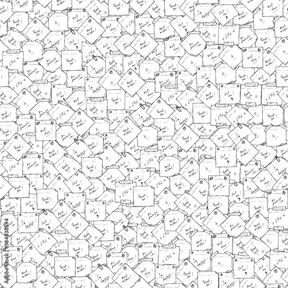 Sticky notes Vector Seamless pattern. Sticky notes with wishes. Hand drawn doodle paper sheets with messages. Memo blanks. Black and white background