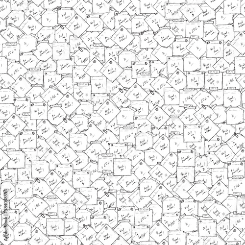Sticky notes Vector Seamless pattern. Sticky notes with wishes. Hand drawn doodle paper sheets with messages. Memo blanks. Black and white background