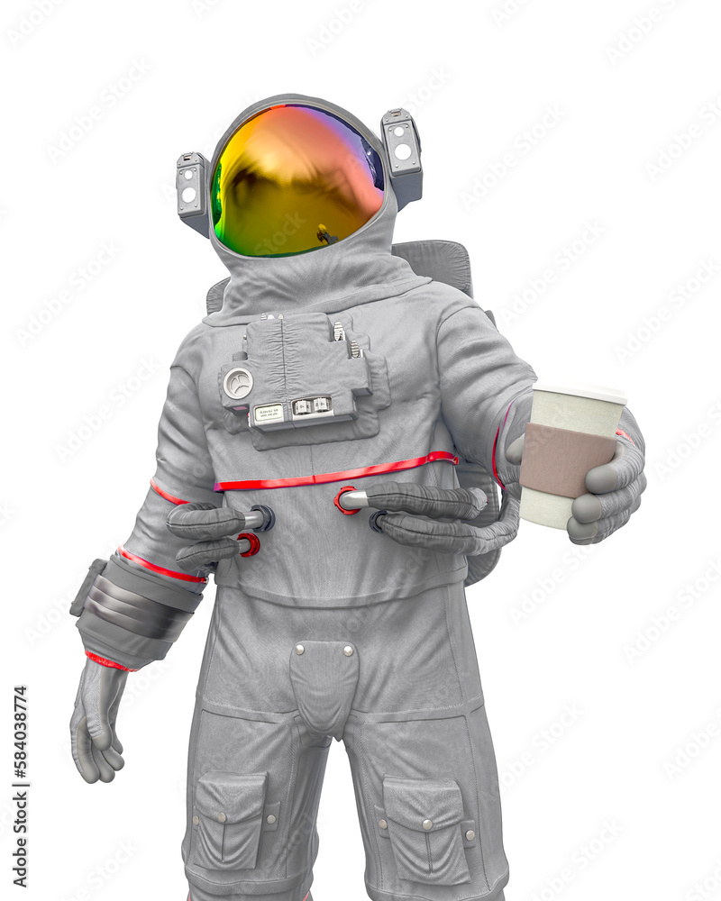 astronaut is holding a coffee cup