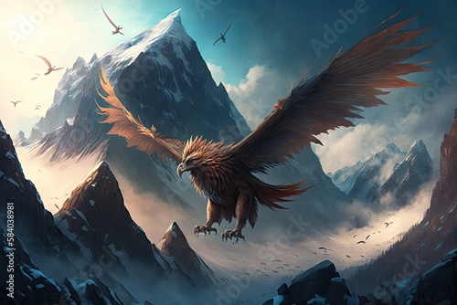 griffin flying over mountain range, with majestic peaks in the background, created with generative ai photo