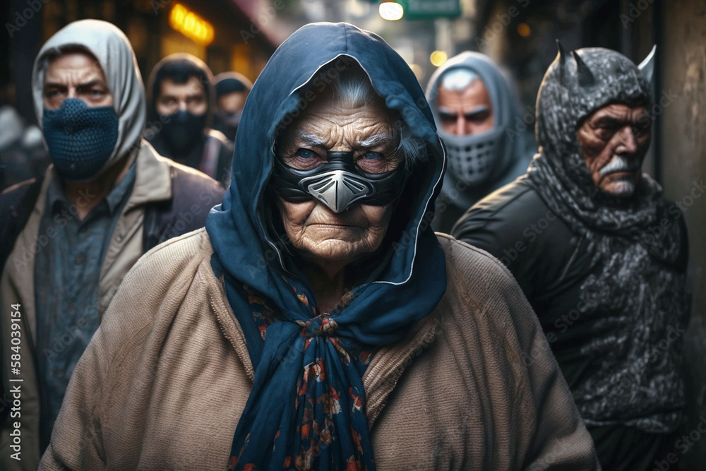 retirees are superheroes, masked and ready to fight, patrolling a narrow side street in a city riot the fight for justice. Generative AI retirees are superheroes, masked and ready to fight, patrolling a narrow side street in a city riot the fight for justice. Generative AI