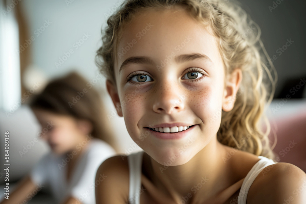 little girl with a smile with her younger brother and mom on the sofa in the living room, kids and mom at home. Generative AI little girl with a smile with her younger brother and mom on the sofa in the living room, kids and mom at home. Generative AI