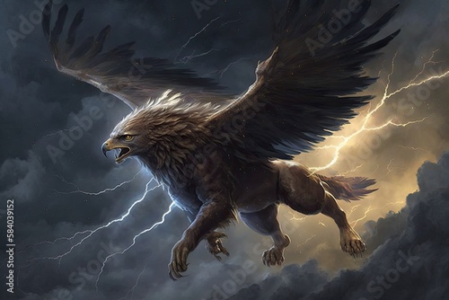 griffin soaring through stormy sky, lightning flashing in the background, created with generative ai photo