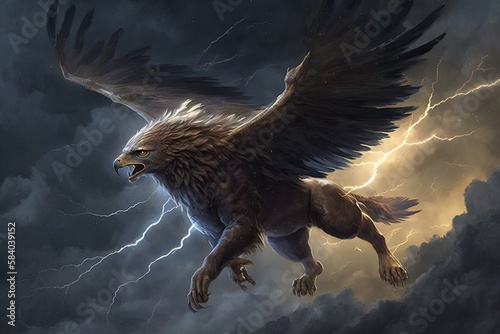 griffin soaring through stormy sky, lightning flashing in the background, created with generative ai