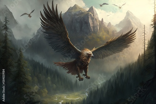 a griffin flying over a lush forest, with misty mountains in the background, created with generative ai photo