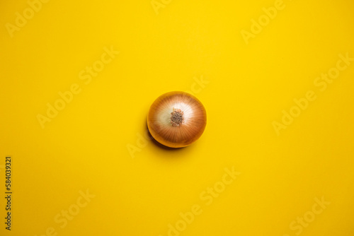 Organic whole white onion on a yellow background. Cool minimal flat lay, copy space (ID: 584039321)