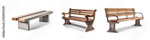 set of various style designs of park or outdoor waiting bench isolated with transparent background cutout - Generative AI