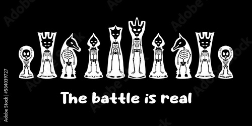 Skeletons of chess pieces - king, queen, bishop, rook, knight, horse, pawn. Invisible chess warriors