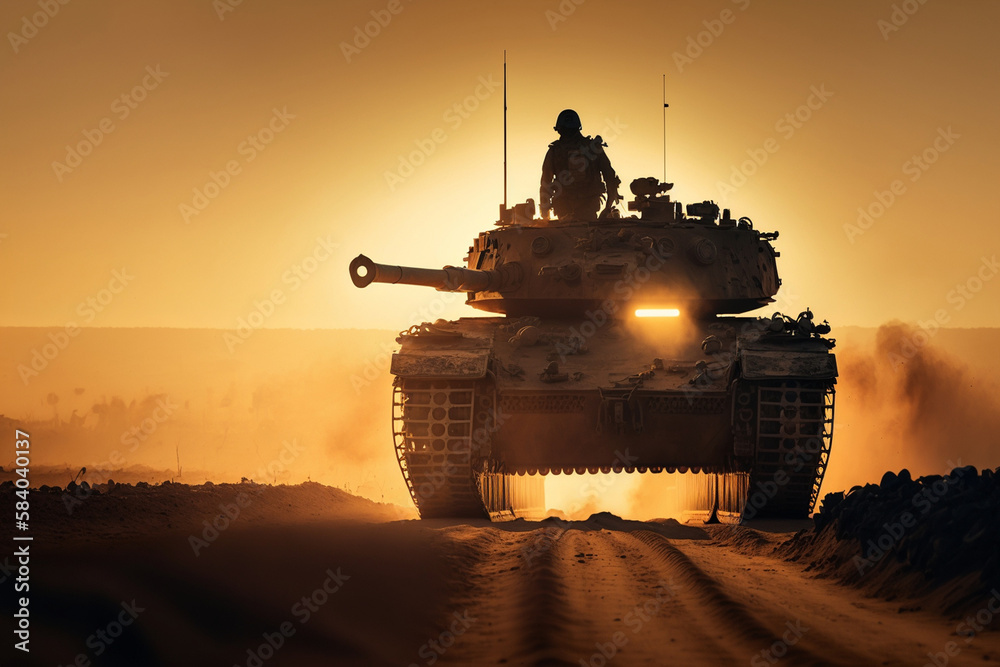a soldier of a fictional army on a tank driving along a narrow path in a desert region. Generative AI