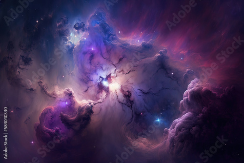 Purple and violet nebula with stars. Fantasy galaxy generative AI background