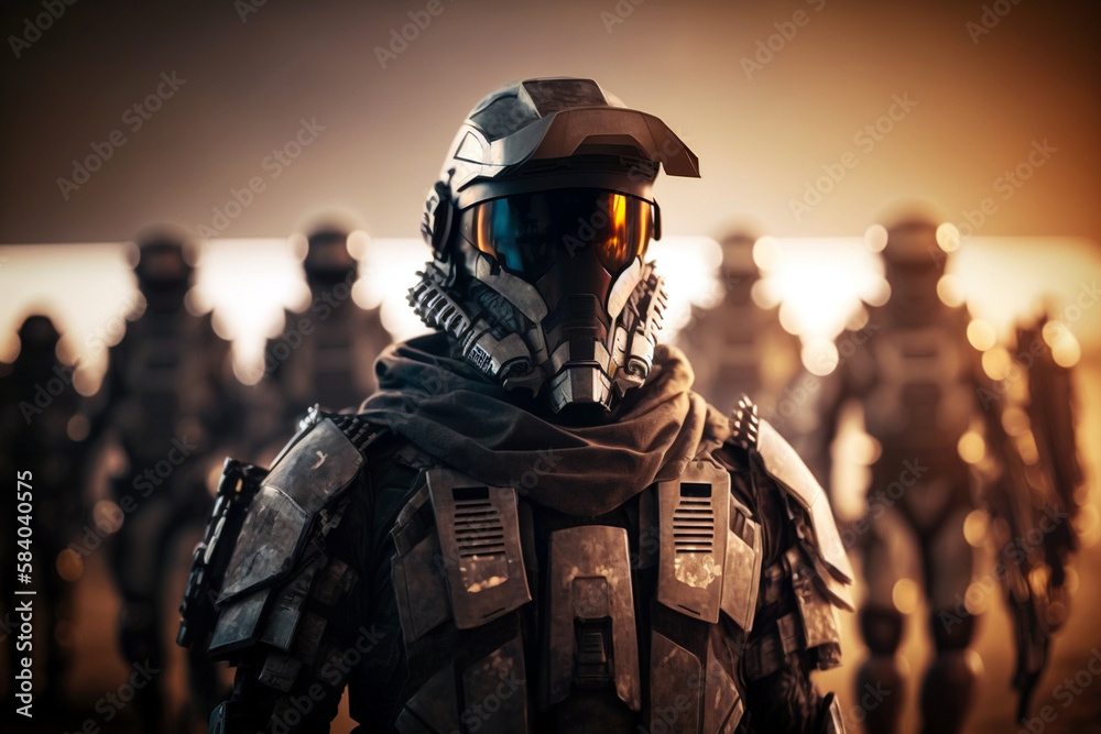 Fototapeta premium abstract, fictional soldiers in armor like a knight armor, abstract or futuristic. Generative AI