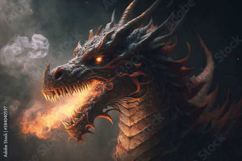Mythical Nightfall: A Fire Dragon's Fiery Presence. Ai generative © Andrii