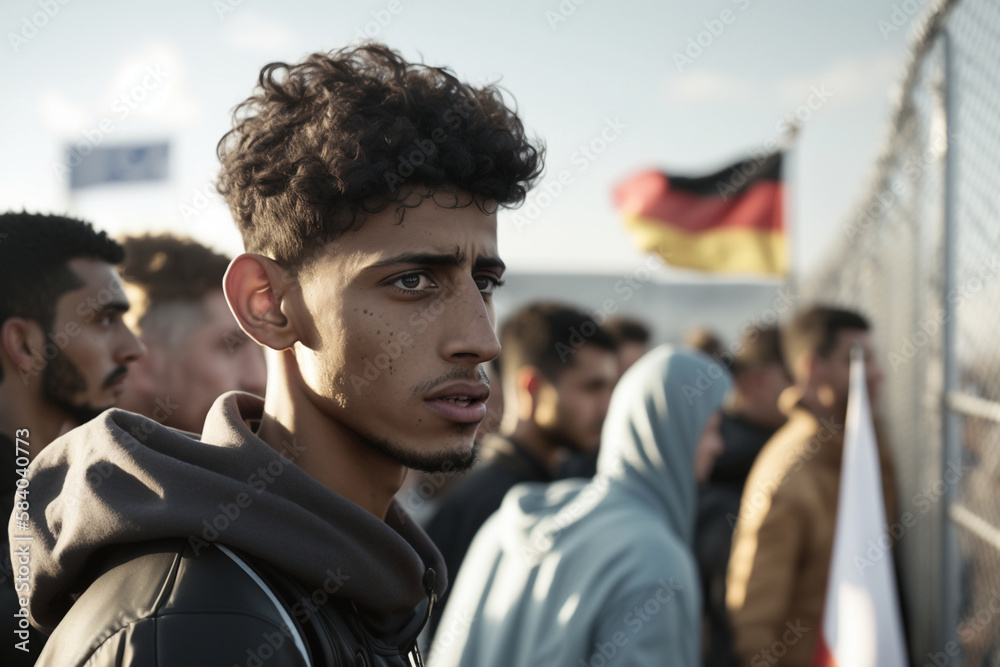 migration and refugees, immigration to germany, young men standing at the border fence. Generative AI - obrazy, fototapety, plakaty 