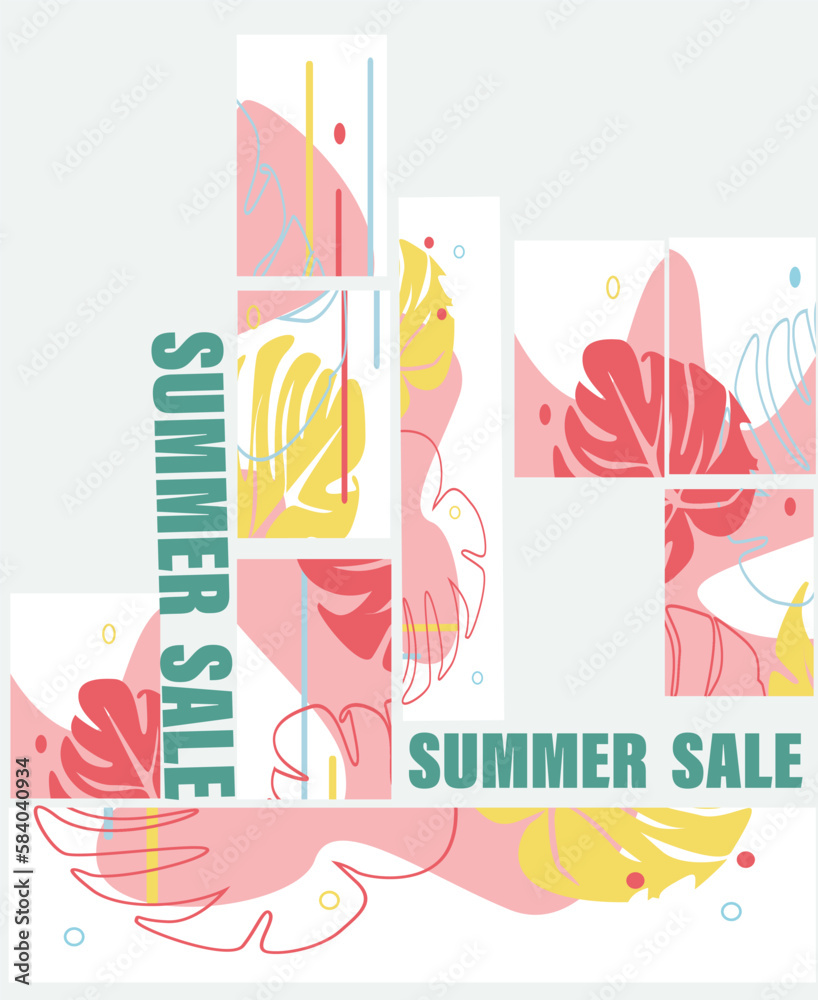 Naklejka premium Summer Sale banner with tropical style . In blue pink yellow colors. Vector