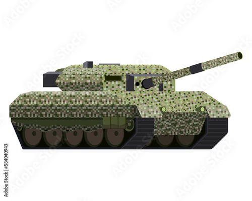 Main battle tank in flat style. Military vehicle. Pixel camouflage. Colorful vector illustration isolated on white background.