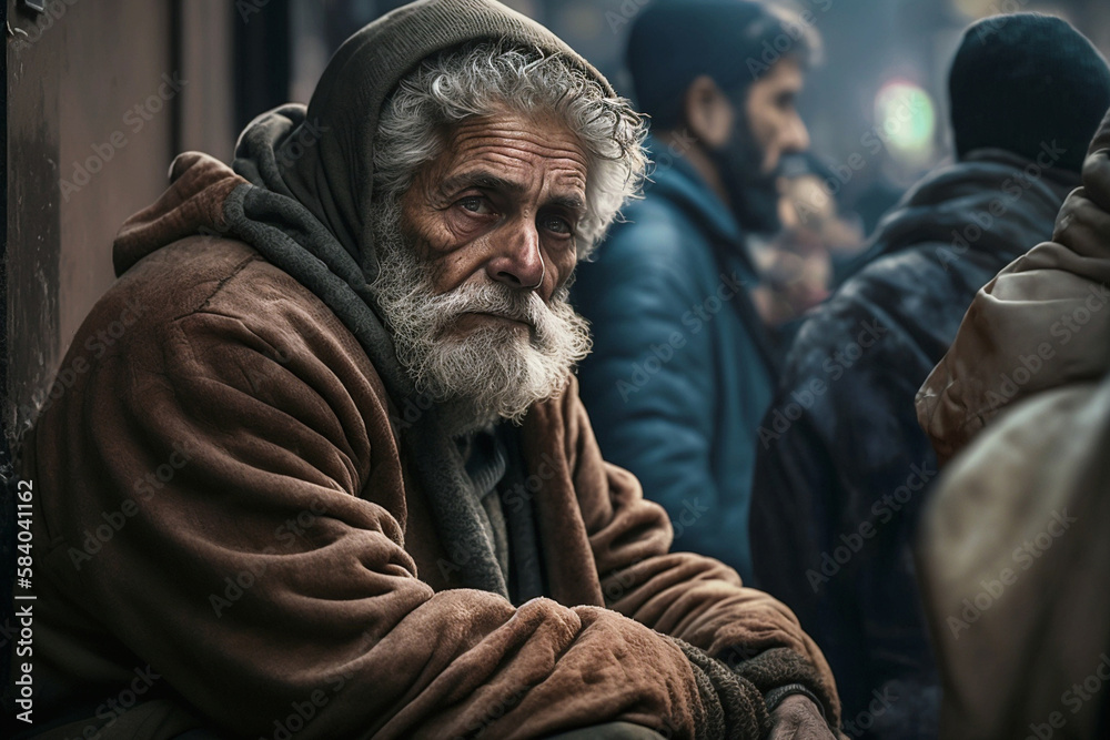 Old man, old man with a negative mood in a thick jacket and hoodie, poverty or homelessness, sadness or disappointment, fictitious place. Generative AI