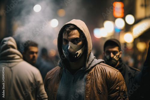 adult young man with fierce facial expression and scary mask and hoodie in a dark street in a city at evening or night, fictional place and happening. Generative AI