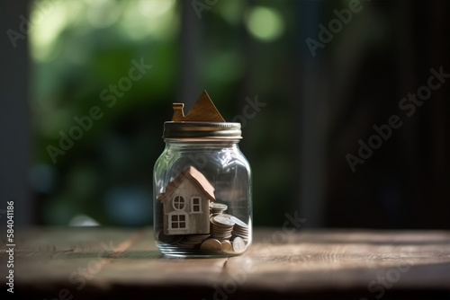 Coins in jar with copy space, saving money concept.