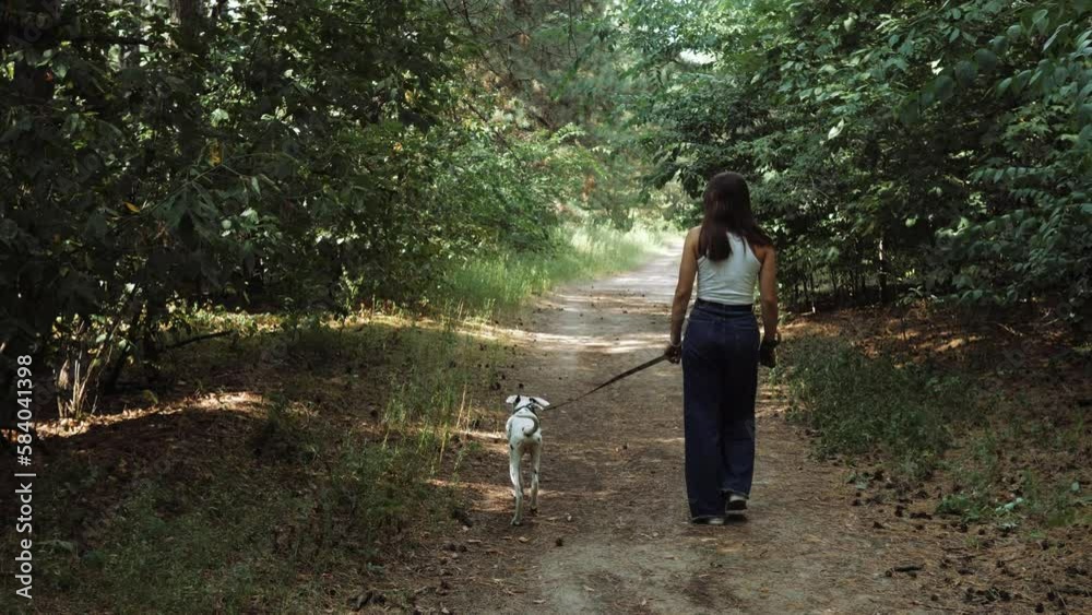 Girl and a dog. Cheerful walk with pet. Dalmatian. Girl and a dog. Cheerful walk with pet. Dalmatian.