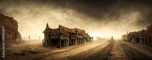 An old western town abandoned in a sinister desert, suggesting dark and somber emotions, perfect for graphic projects or artistic achievements. Generative AI photo