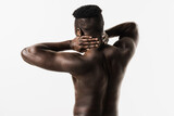 Scoliosis is sideways curvature of the spine of muscular african american man. Rheumatism and arthritis diseases. Rachiocampsis bachache and neck pain of shirtless african man on white background.