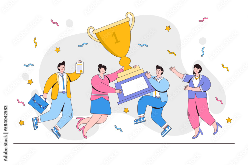 Fototapeta premium Group of people jumping holding trophy and golden cup. Business team achievements. Office employee get reward and celebrate. design style minimal vector illustration for landing page, hero images